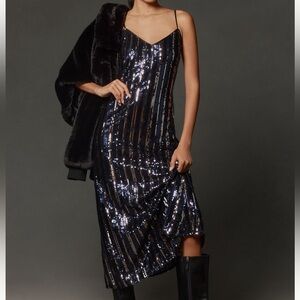 MAEVE SLEEVELESS SEQUIN STRIPE MIDI DRESS